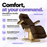 Manufakturo Aurélie Cocoa Mocha electric beauty bed with 3 motors, hand and integrated foot controls, extendable footrest, adjustable headrest and LED base lighting.