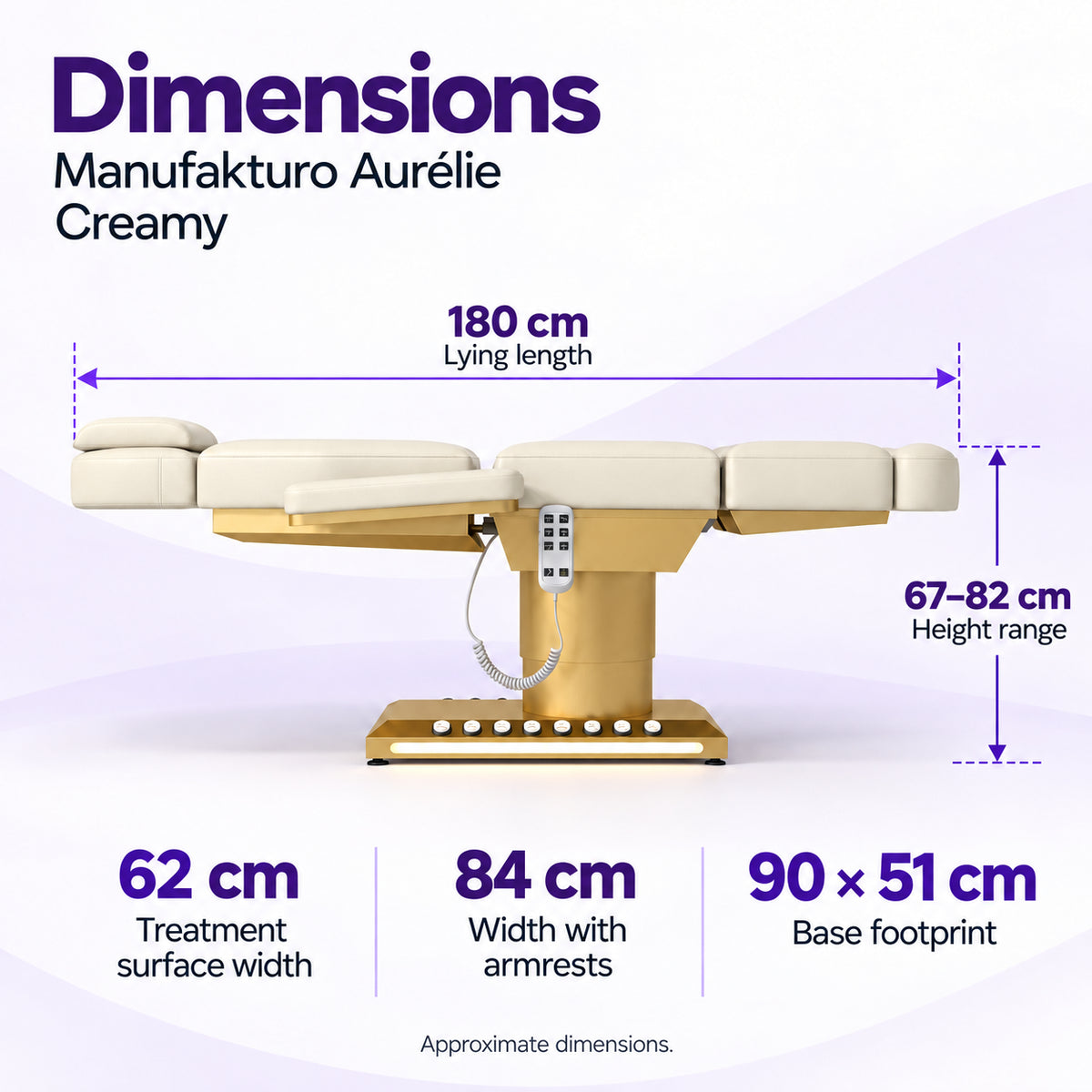 Manufakturo Aurélie Creamy beauty bed dimensions: 180 cm length, 62 cm treatment surface width, 84 cm width with armrests, 67–82 cm height and 90 x 51 cm base footprint.