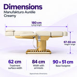 Manufakturo Aurélie Creamy beauty bed dimensions: 180 cm length, 62 cm treatment surface width, 84 cm width with armrests, 67–82 cm height and 90 x 51 cm base footprint.