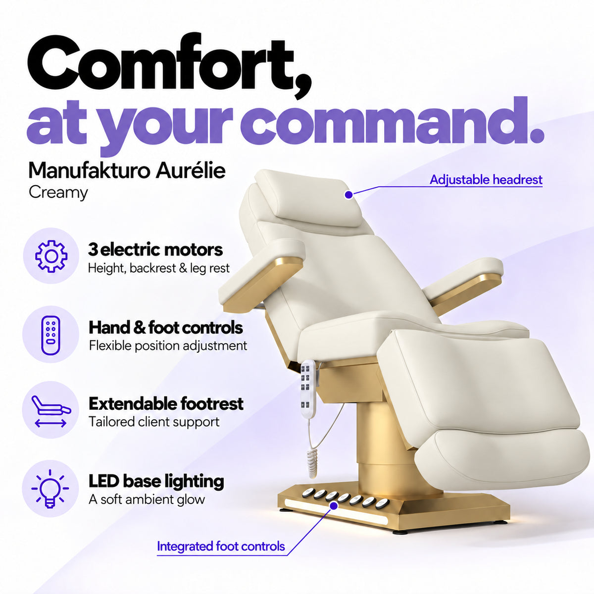 Manufakturo Aurélie Creamy electric beauty bed with 3 motors, hand and integrated foot controls, extendable footrest, adjustable headrest and LED base lighting.