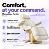 Manufakturo Aurélie Creamy electric beauty bed with 3 motors, hand and integrated foot controls, extendable footrest, adjustable headrest and LED base lighting.