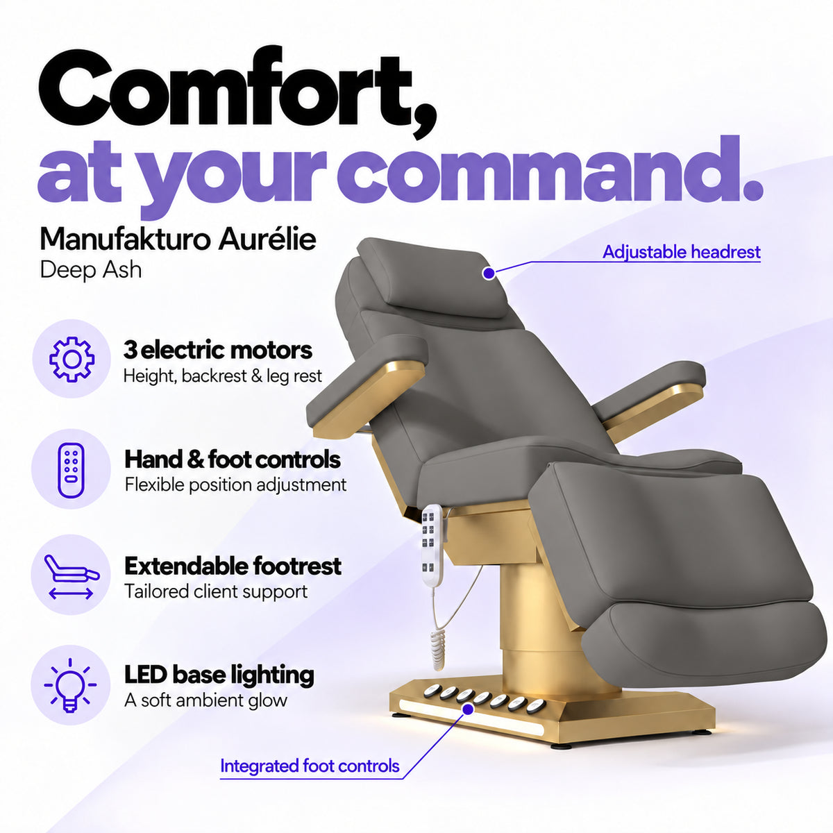 Manufakturo Aurélie Deep Ash electric beauty bed with 3 motors, hand and integrated foot controls, extendable footrest, adjustable headrest and LED base lighting.