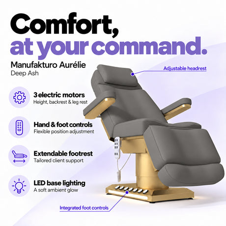 Manufakturo Aurélie Deep Ash electric beauty bed with 3 motors, hand and integrated foot controls, extendable footrest, adjustable headrest and LED base lighting.