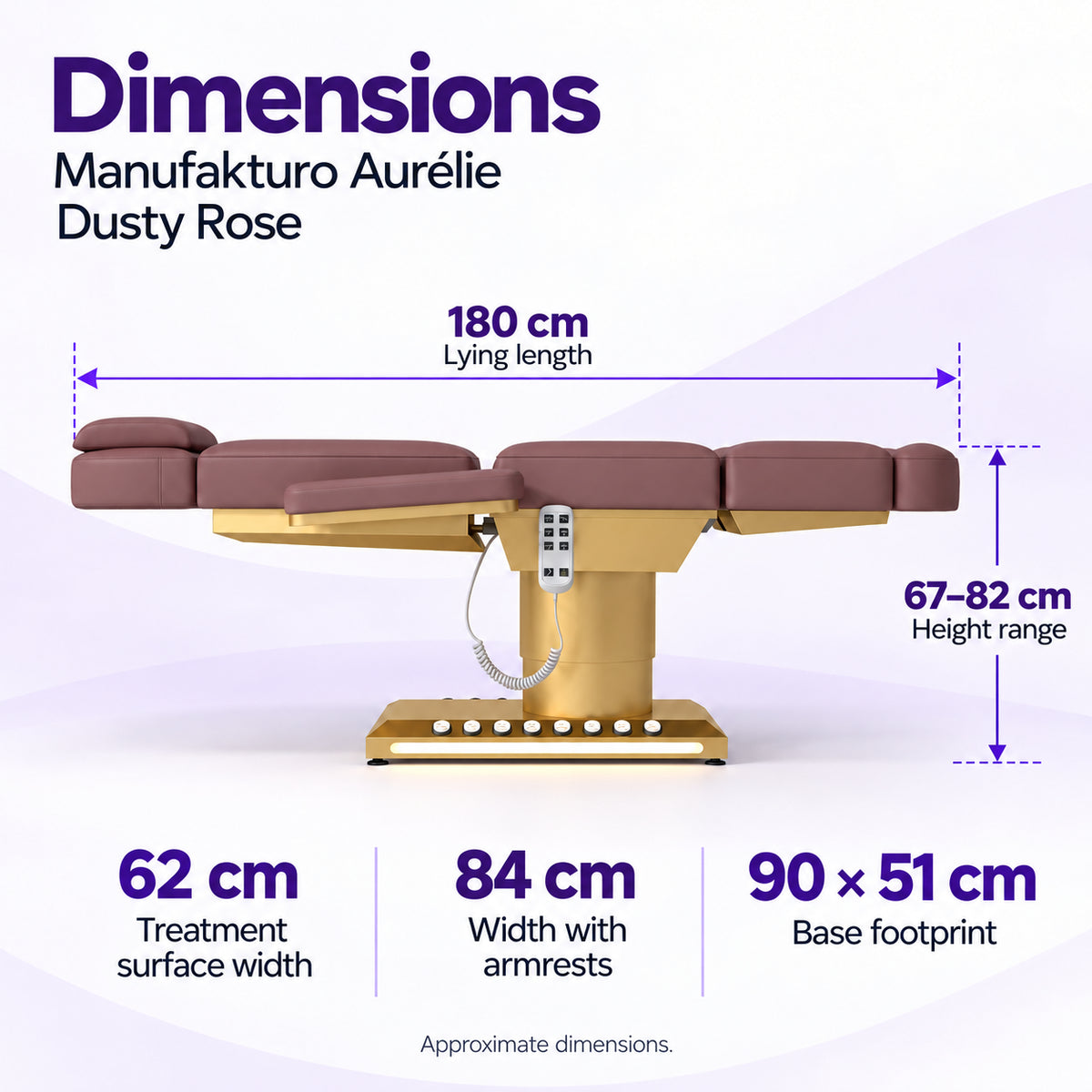 Manufakturo Aurélie Dusty Rose beauty bed dimensions: 180 cm length, 62 cm treatment surface width, 84 cm width with armrests, 67–82 cm height and 90 x 51 cm base footprint.