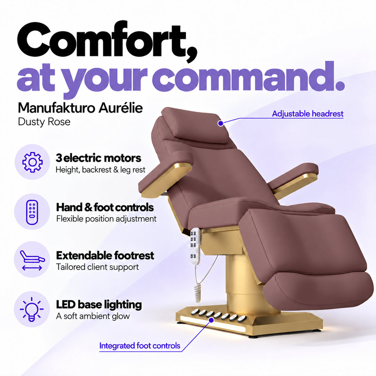Manufakturo Aurélie Dusty Rose electric beauty bed with 3 motors, hand and integrated foot controls, extendable footrest, adjustable headrest and LED base lighting.
