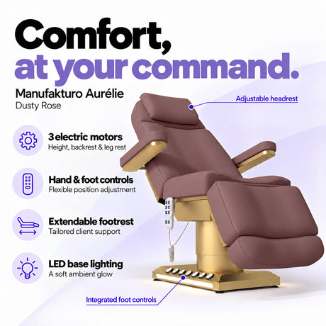 Manufakturo Aurélie Dusty Rose electric beauty bed with 3 motors, hand and integrated foot controls, extendable footrest, adjustable headrest and LED base lighting.