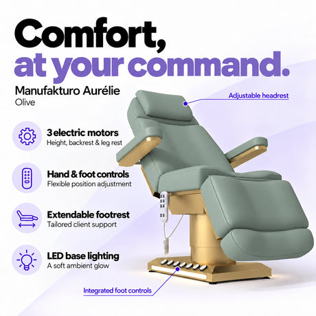 Manufakturo Aurélie Olive electric beauty bed with 3 motors, hand and integrated foot controls, extendable footrest, adjustable headrest and LED base lighting.