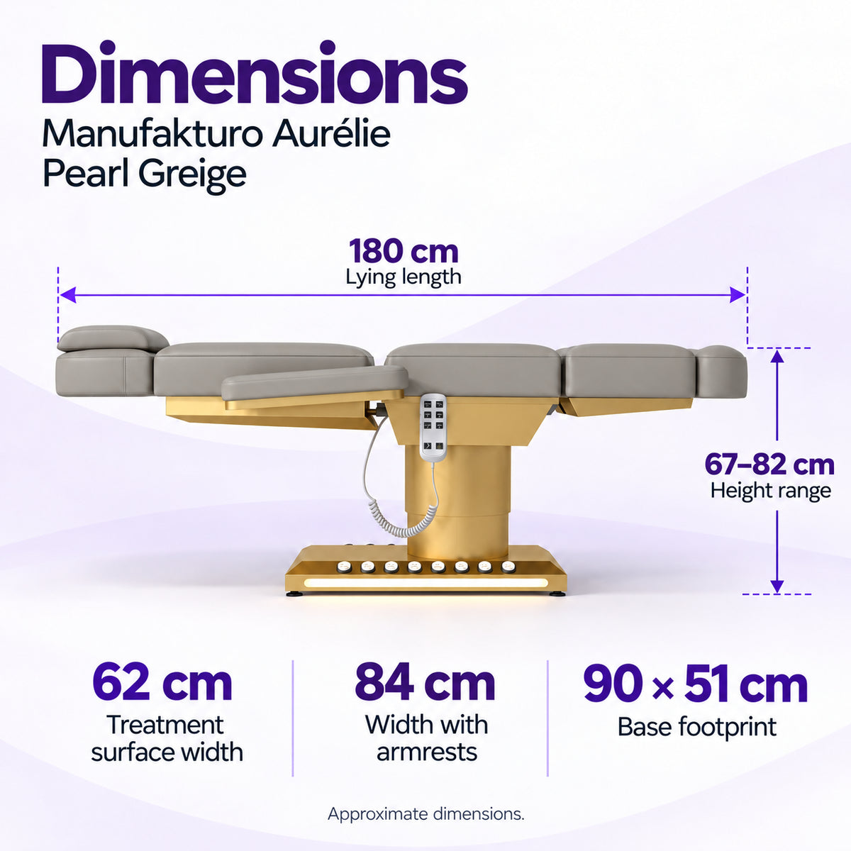Manufakturo Aurélie Pearl Greige beauty bed dimensions: 180 cm length, 62 cm treatment surface width, 84 cm width with armrests, 67–82 cm height and 90 x 51 cm base footprint.