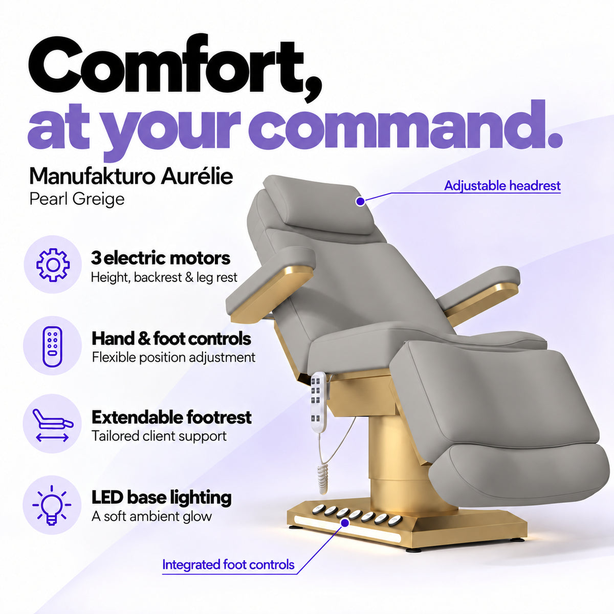 Manufakturo Aurélie Pearl Greige electric beauty bed with 3 motors, hand and integrated foot controls, extendable footrest, adjustable headrest and LED base lighting.