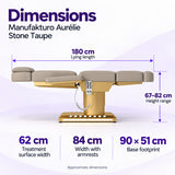 Manufakturo Aurélie Stone Taupe beauty bed dimensions: 180 cm length, 62 cm treatment surface width, 84 cm width with armrests, 67–82 cm height and 90 x 51 cm base footprint.