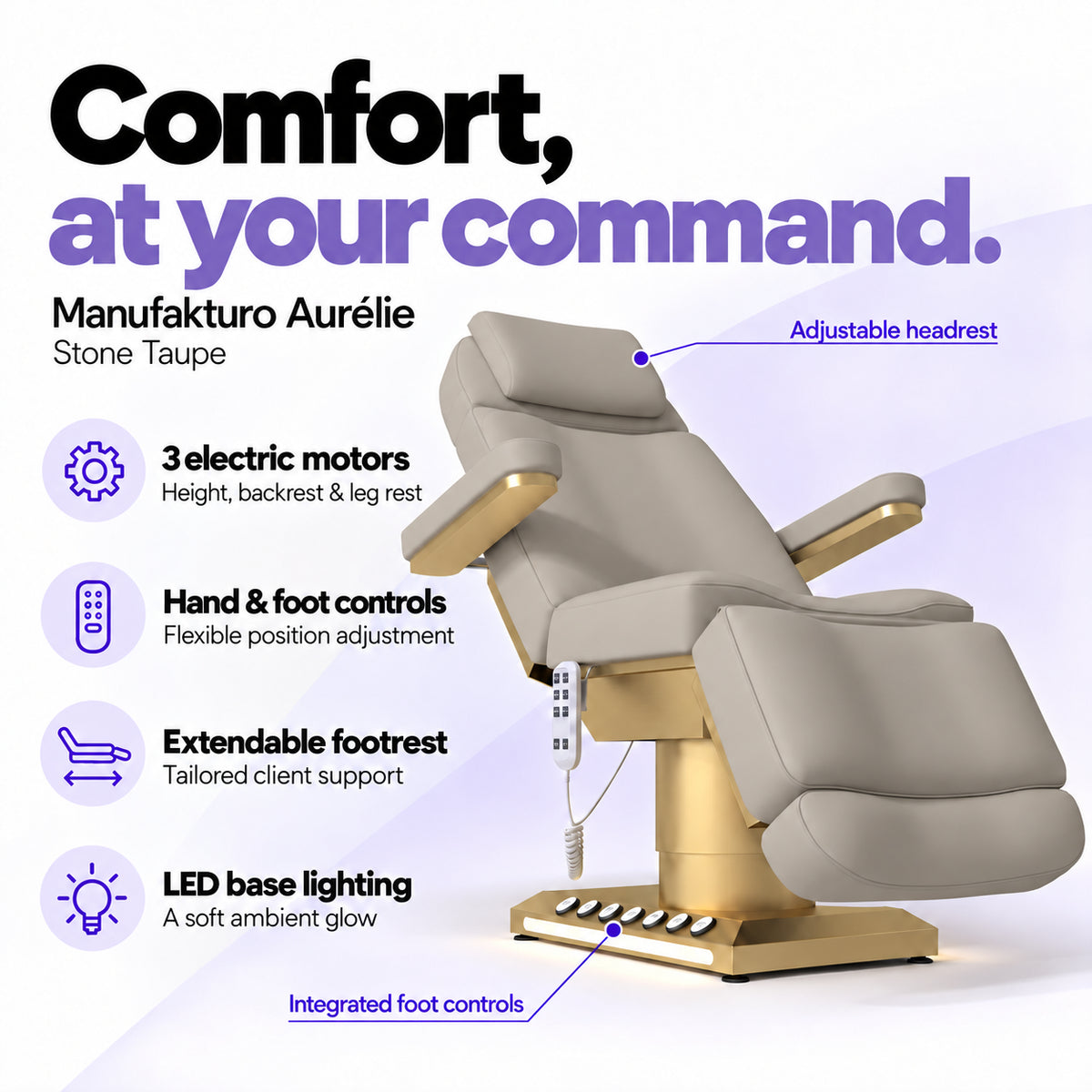 Manufakturo Aurélie Stone Taupe electric beauty bed with 3 motors, hand and integrated foot controls, extendable footrest, adjustable headrest and LED base lighting.