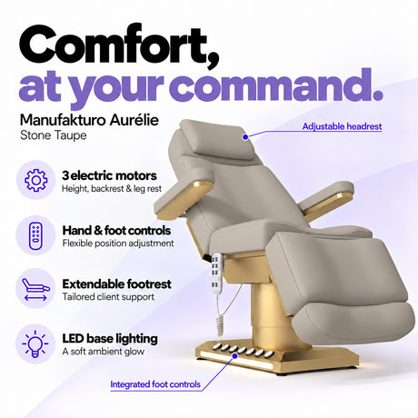 Manufakturo Aurélie Stone Taupe electric beauty bed with 3 motors, hand and integrated foot controls, extendable footrest, adjustable headrest and LED base lighting.
