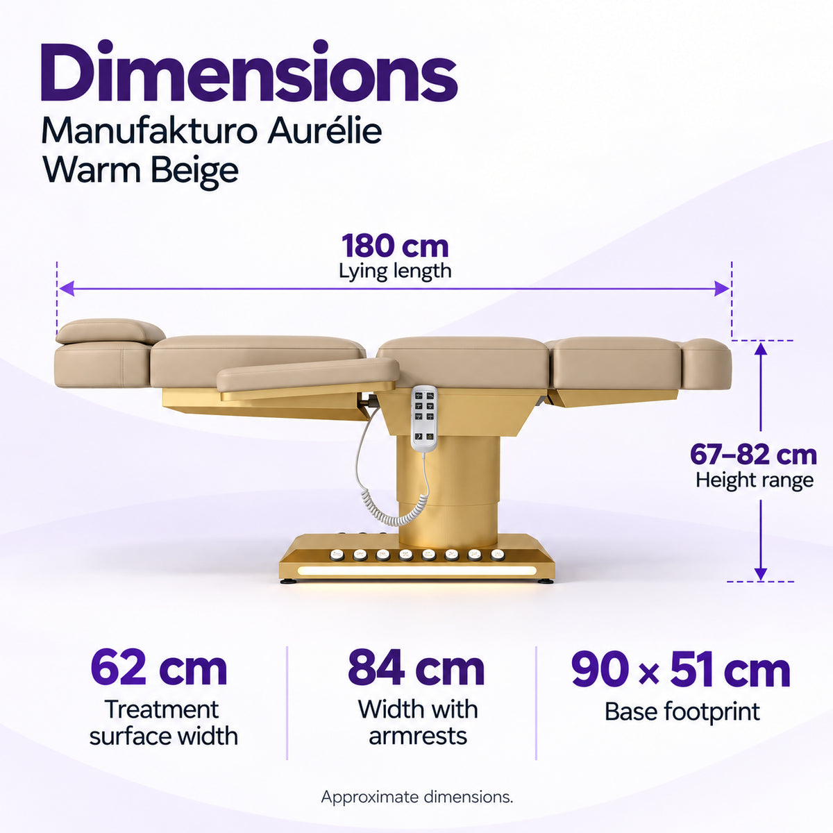 Manufakturo Aurélie Warm Beige beauty bed dimensions: 180 cm length, 62 cm treatment surface width, 84 cm width with armrests, 67–82 cm height and 90 x 51 cm base footprint.