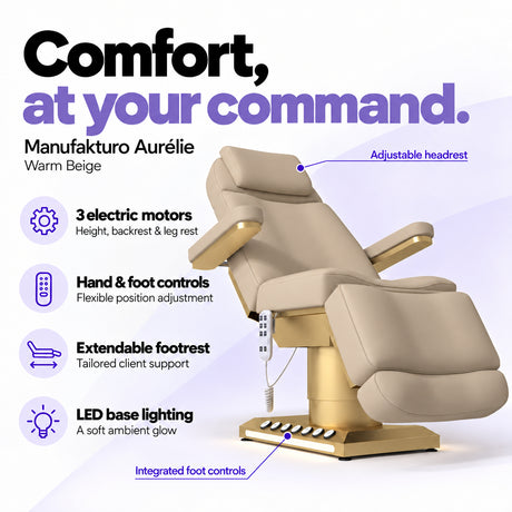 Manufakturo Aurélie Warm Beige electric beauty bed with 3 motors, hand and integrated foot controls, extendable footrest, adjustable headrest and LED base lighting.