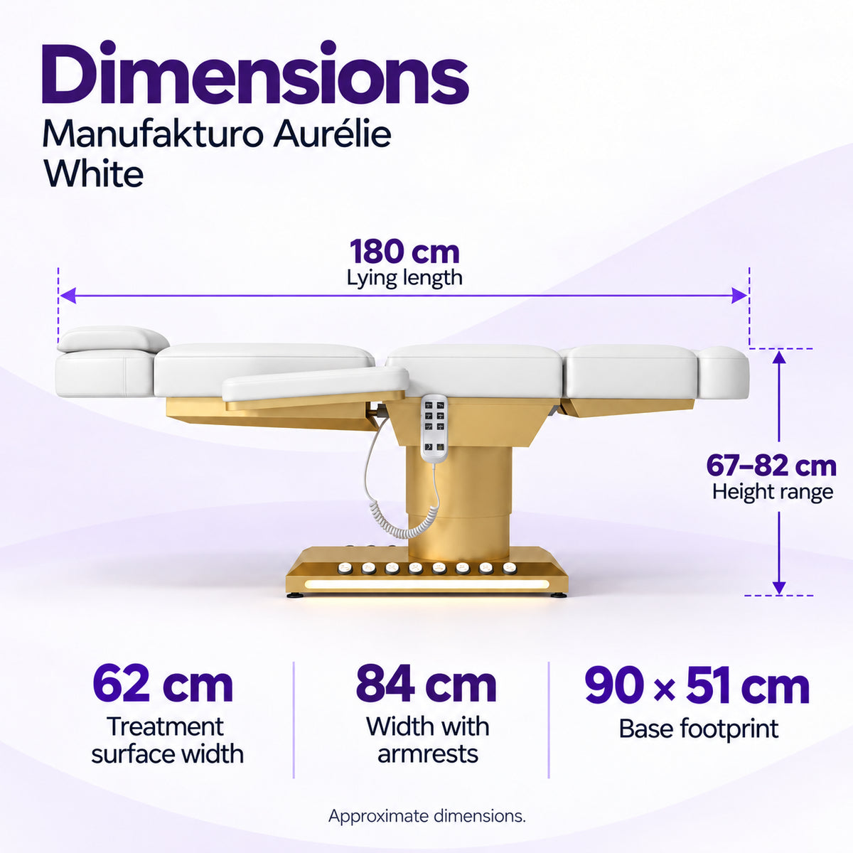 Manufakturo Aurélie White beauty bed dimensions: 180 cm length, 62 cm treatment surface width, 84 cm width with armrests, 67–82 cm height and 90 x 51 cm base footprint.