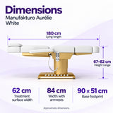 Manufakturo Aurélie White beauty bed dimensions: 180 cm length, 62 cm treatment surface width, 84 cm width with armrests, 67–82 cm height and 90 x 51 cm base footprint.