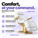 Manufakturo Aurélie White electric beauty bed with 3 motors, hand and integrated foot controls, extendable footrest, adjustable headrest and LED base lighting.