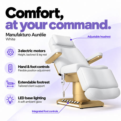 Manufakturo Aurélie White electric beauty bed with 3 motors, hand and integrated foot controls, extendable footrest, adjustable headrest and LED base lighting.