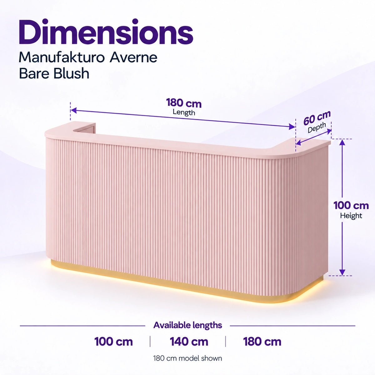 Manufakturo Averne Bare Blush reception desk dimensions: available lengths 100, 140 or 180 cm, 60 cm depth and 100 cm height. 180 cm model shown.