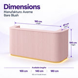 Manufakturo Averne Bare Blush reception desk dimensions: available lengths 100, 140 or 180 cm, 60 cm depth and 100 cm height. 180 cm model shown.