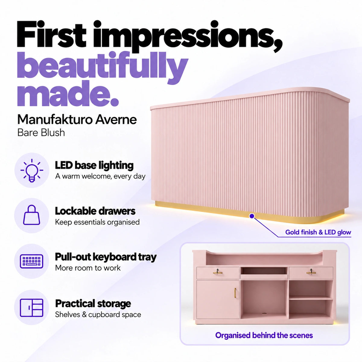 Manufakturo Averne Bare Blush reception desk with LED base lighting, lockable drawers, pull-out keyboard tray and shelves and cupboard storage.