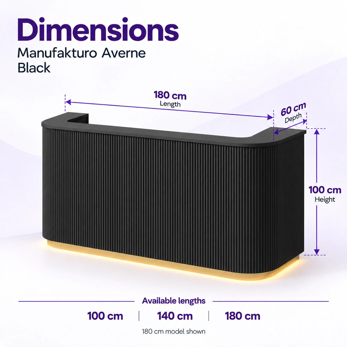 Manufakturo Averne Black reception desk dimensions: available lengths 100, 140 or 180 cm, 60 cm depth and 100 cm height. 180 cm model shown.