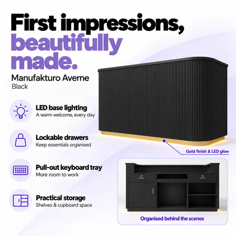 Manufakturo Averne Black reception desk with LED base lighting, lockable drawers, pull-out keyboard tray and shelves and cupboard storage.