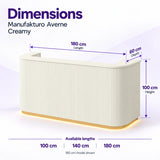 Manufakturo Averne Creamy reception desk dimensions: available lengths 100, 140 or 180 cm, 60 cm depth and 100 cm height. 180 cm model shown.