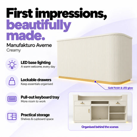 Manufakturo Averne Creamy reception desk with LED base lighting, lockable drawers, pull-out keyboard tray and shelves and cupboard storage.