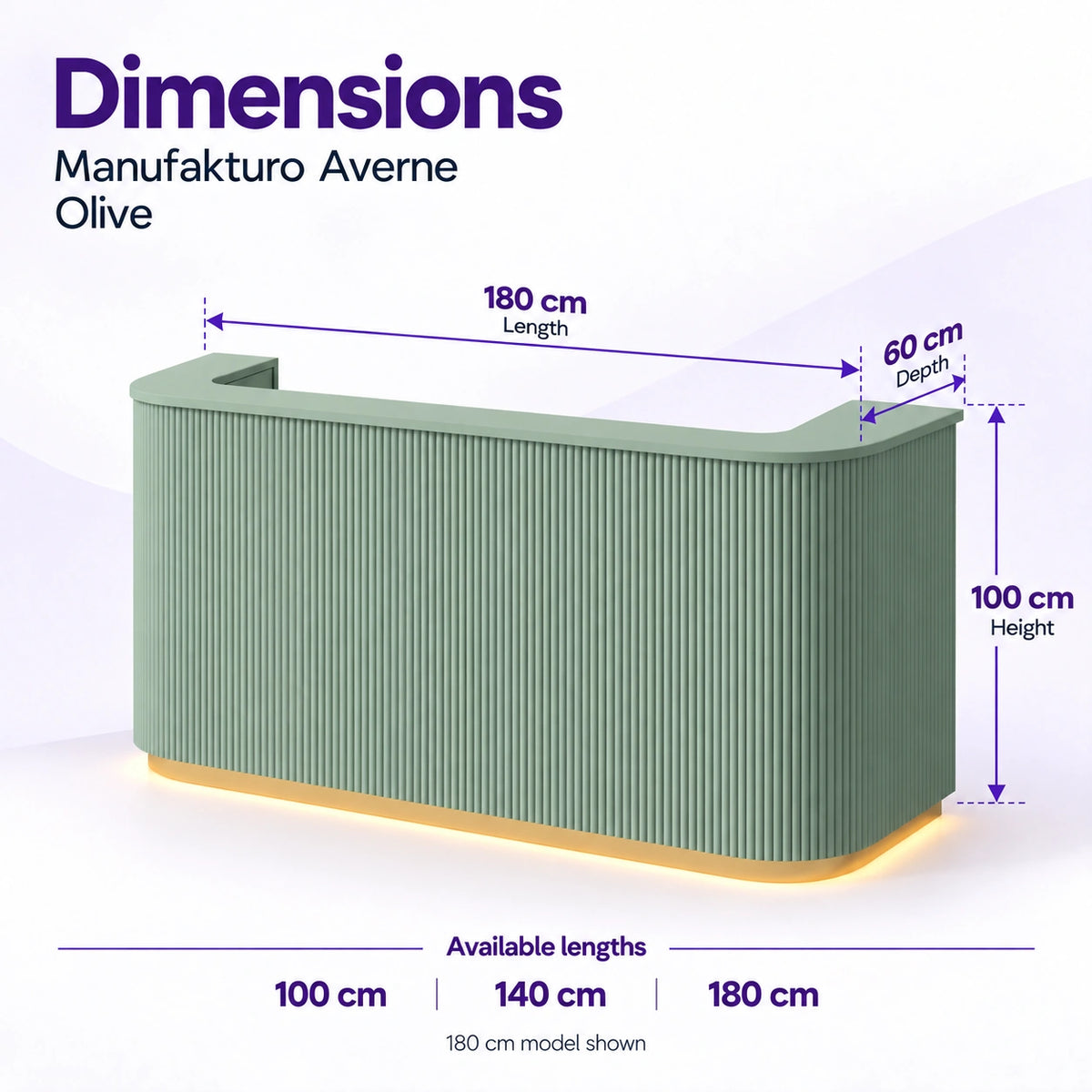 Manufakturo Averne Olive reception desk dimensions: available lengths 100, 140 or 180 cm, 60 cm depth and 100 cm height. 180 cm model shown.