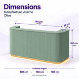 Manufakturo Averne Olive reception desk dimensions: available lengths 100, 140 or 180 cm, 60 cm depth and 100 cm height. 180 cm model shown.
