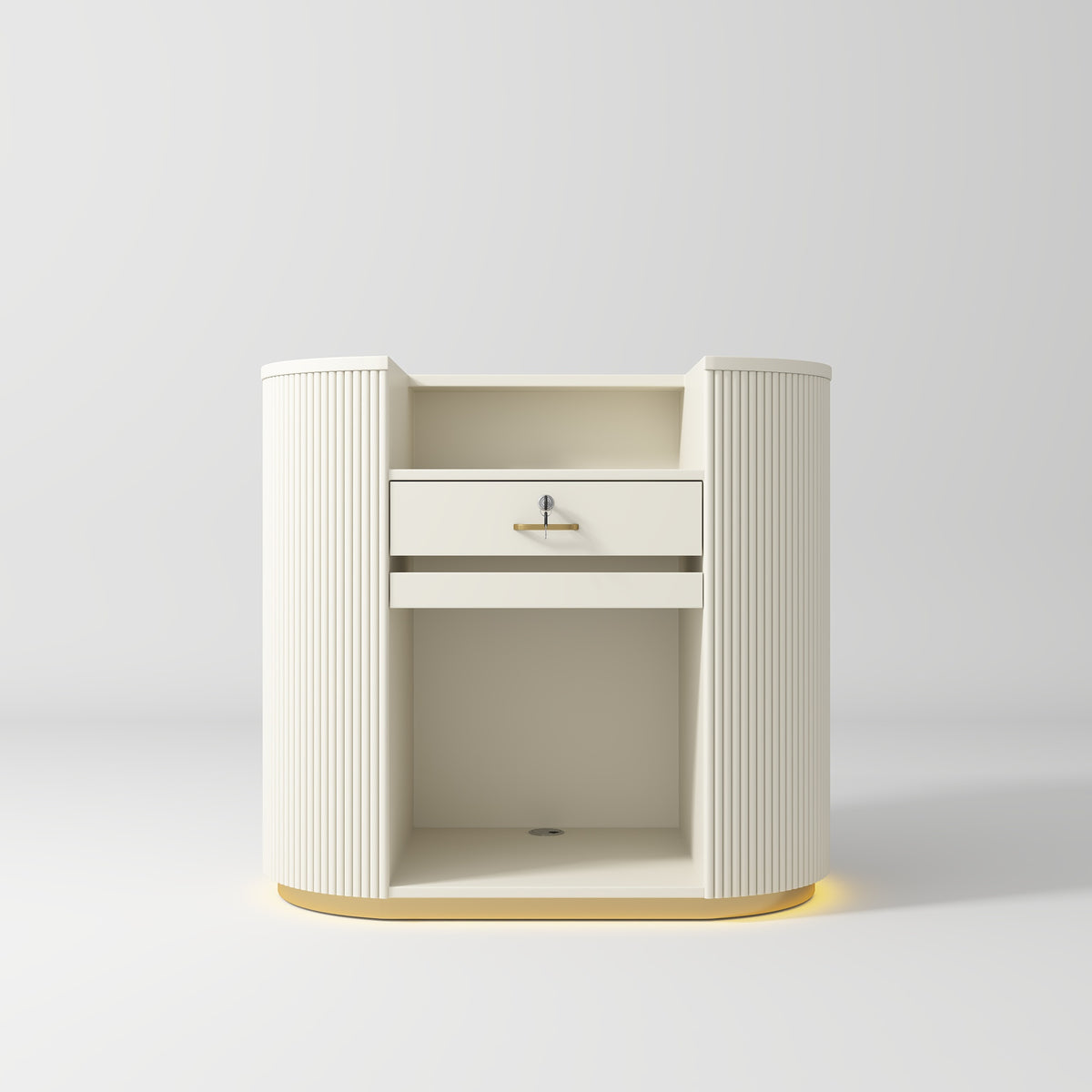 Manufakturo Averne Reception Desk - Sleek & Modern Design with LED Creamy - displayed in a professional treatment-room setting