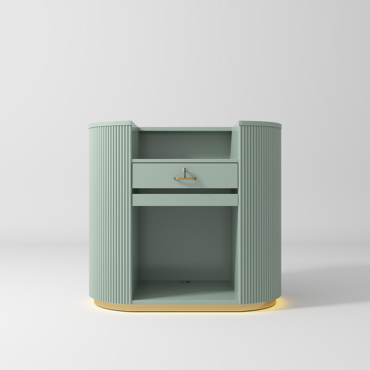 Manufakturo Averne Reception Desk - Sleek & Modern Design with LED Olive - displayed in a professional treatment-room setting