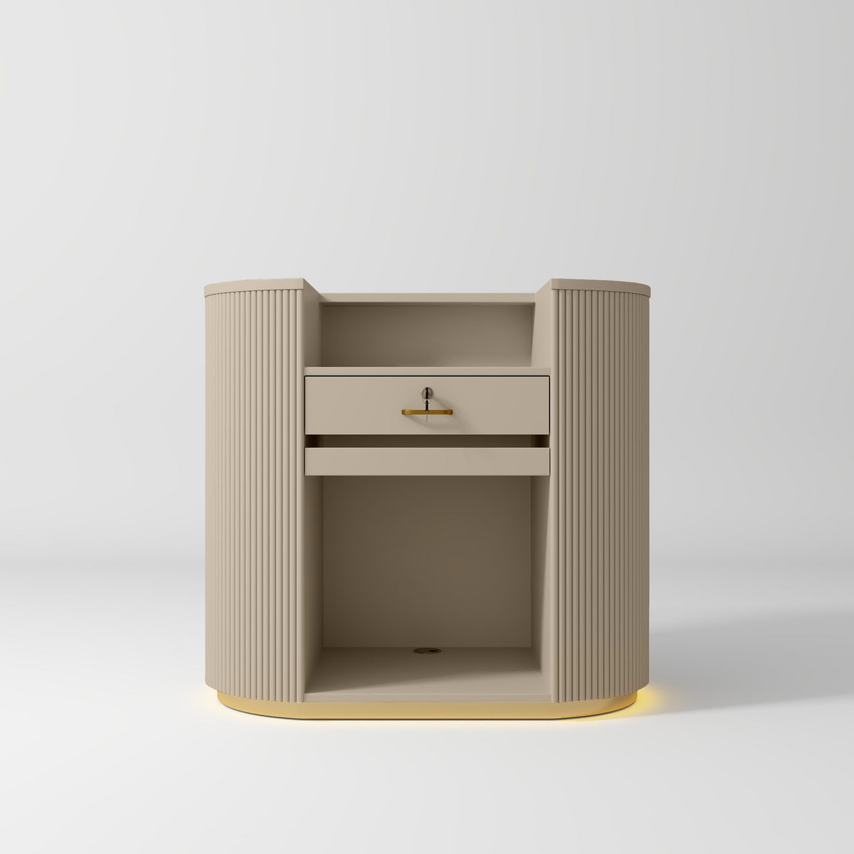 Manufakturo Averne Reception Desk - Sleek & Modern Design with LED Warm Beige - displayed in a professional treatment-room setting