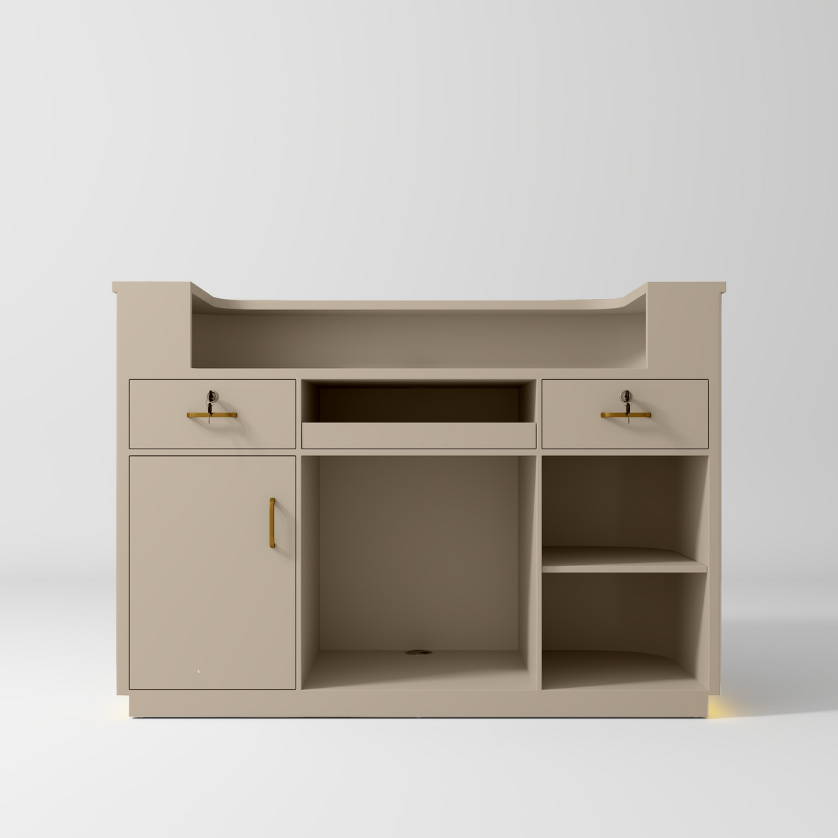 Manufakturo Averne Reception Desk - Sleek & Modern Design with LED Warm Beige - displayed in a professional treatment-room setting