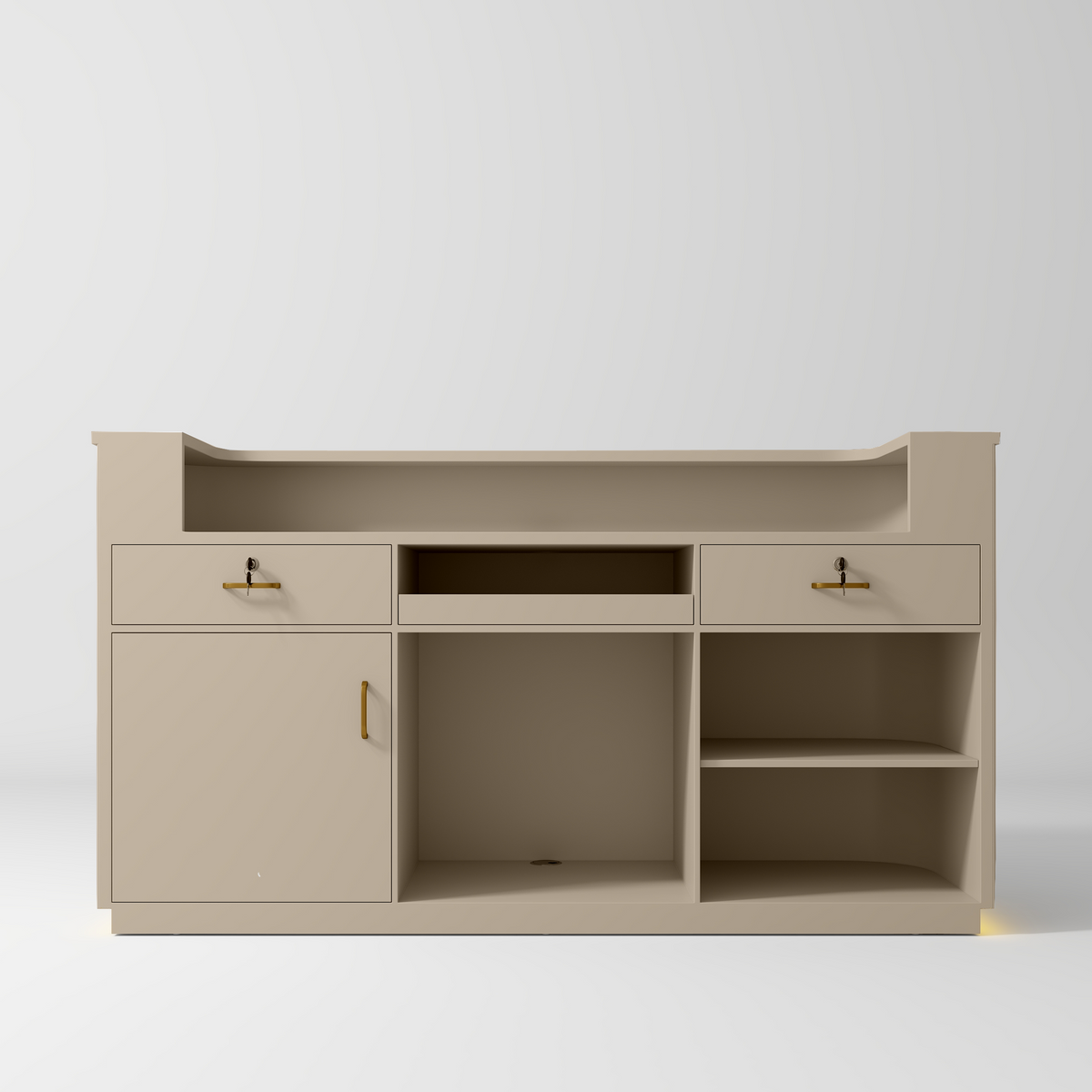 Manufakturo Averne Reception Desk - Sleek & Modern Design with LED Warm Beige - displayed in a professional treatment-room setting