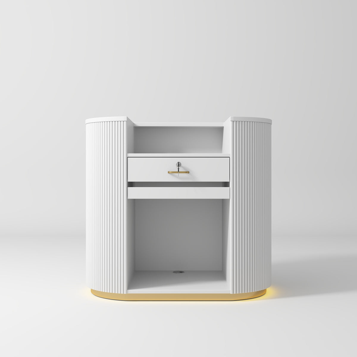Manufakturo Averne Reception Desk - Sleek & Modern Design with LED White - displayed in a professional treatment-room setting