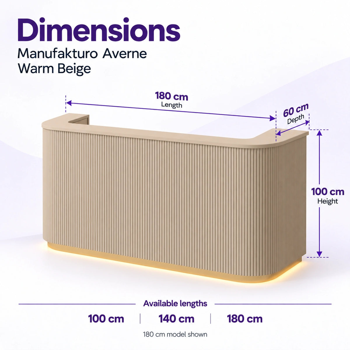 Manufakturo Averne Warm Beige reception desk dimensions: available lengths 100, 140 or 180 cm, 60 cm depth and 100 cm height. 180 cm model shown.