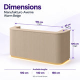 Manufakturo Averne Warm Beige reception desk dimensions: available lengths 100, 140 or 180 cm, 60 cm depth and 100 cm height. 180 cm model shown.