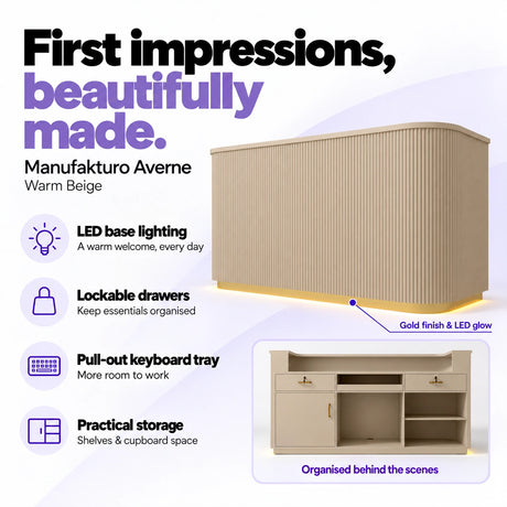 Manufakturo Averne Warm Beige reception desk with LED base lighting, lockable drawers, pull-out keyboard tray and shelves and cupboard storage.