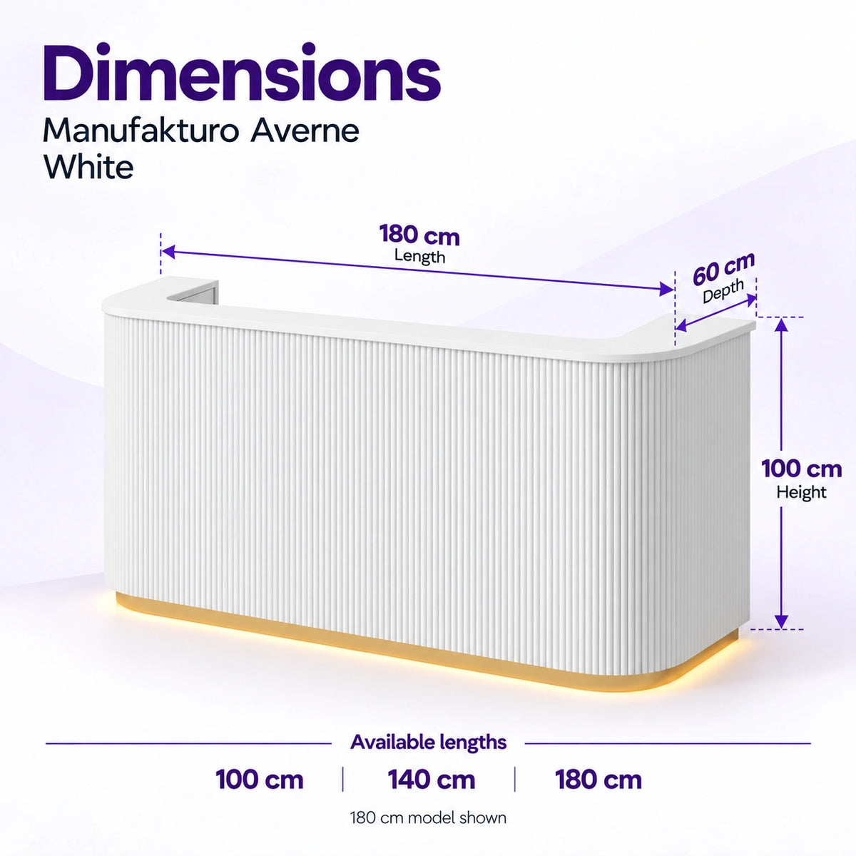 Manufakturo Averne White reception desk dimensions: available lengths 100, 140 or 180 cm, 60 cm depth and 100 cm height. 180 cm model shown.