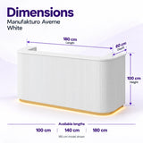 Manufakturo Averne White reception desk dimensions: available lengths 100, 140 or 180 cm, 60 cm depth and 100 cm height. 180 cm model shown.