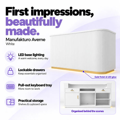 Manufakturo Averne White reception desk with LED base lighting, lockable drawers, pull-out keyboard tray and shelves and cupboard storage.
