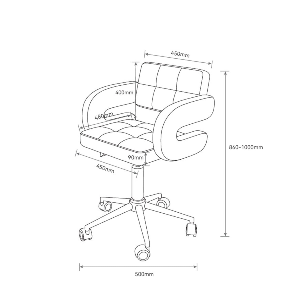 Manufakturo Serenity Salon Chair - 360-Degree Rotation Gold Base Olive - dimensions and measurements shown