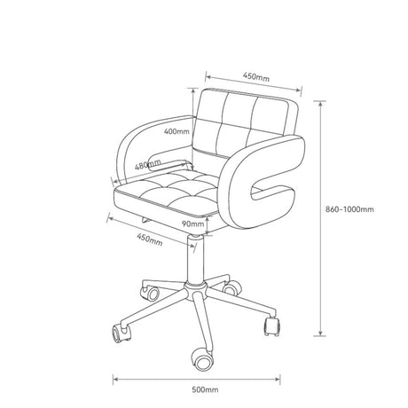Manufakturo Serenity Salon Chair - 360-Degree Rotation Gold Base Olive - dimensions and measurements shown