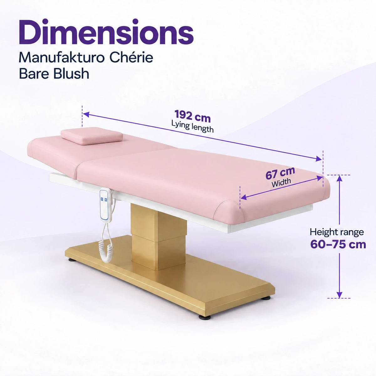 Manufakturo Chérie Bare Blush electric massage bed dimensions: 192 cm lying length, 67 cm width and adjustable height from 60 to 75 cm.