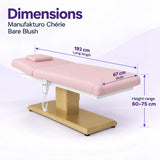 Manufakturo Chérie Bare Blush electric massage bed dimensions: 192 cm lying length, 67 cm width and adjustable height from 60 to 75 cm.