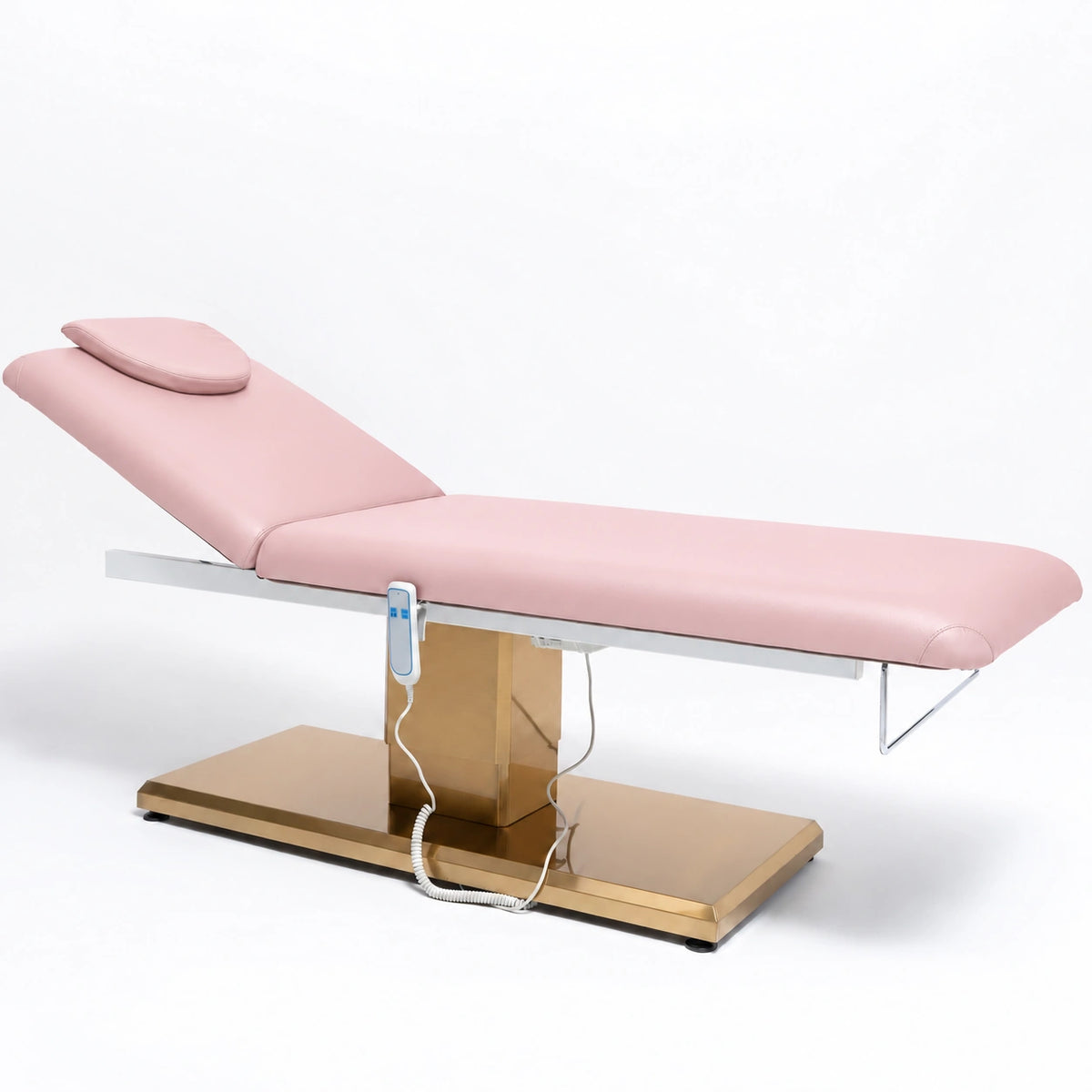 Manufakturo Chérie Bare Blush electric massage bed — full product studio view with raised backrest and gold base.