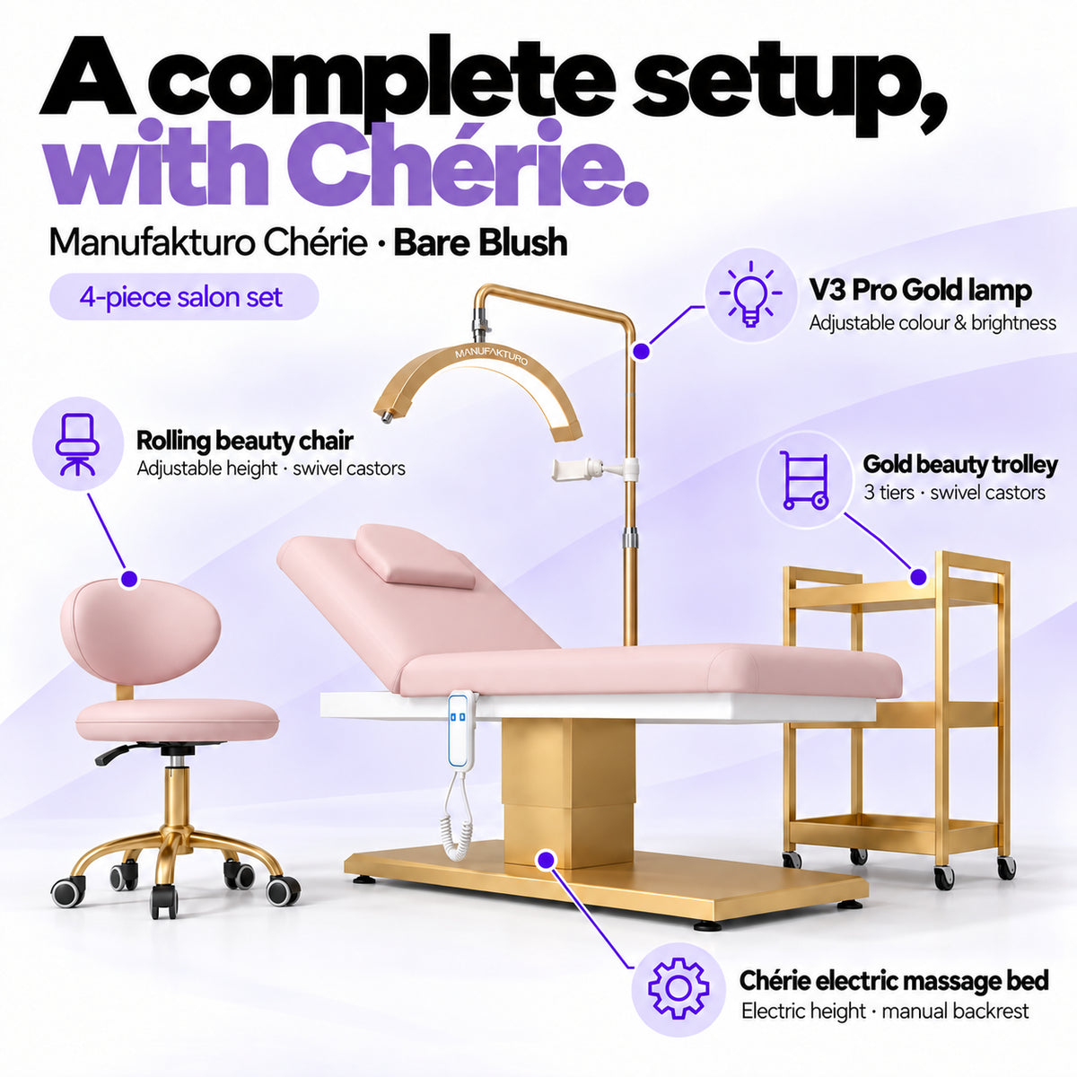 Manufakturo Chérie Bare Blush salon set features: electric bed height and manual backrest adjustment, height-adjustable rolling chair, V3 Pro Gold lamp with adjustable colour and brightness, and three-tier gold trolley.