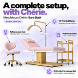 Manufakturo Chérie Bare Blush salon set features: electric bed height and manual backrest adjustment, height-adjustable rolling chair, V3 Pro Gold lamp with adjustable colour and brightness, and three-tier gold trolley.